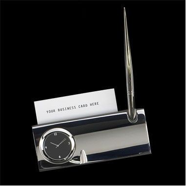 Silver Plated Business Card Holder w/Clock