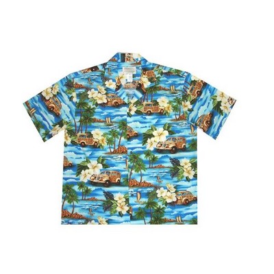 Blue Hawaiian Shirt (S - 3XL in-stock) - 100% Cotton Poplin Tropical Print w/ Coconut Buttons