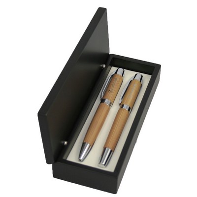 Bamboo Finish Ballpoint and Roller Ball Pen Set