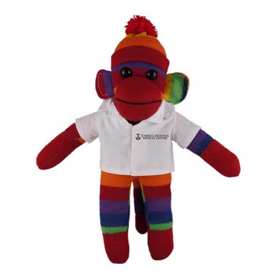 Rainbow Sock Monkey (Plush) in doctor's jacket.