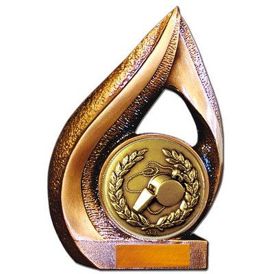 Stock 9" Flame Trophy with 2" Whistle Coin and Engraving Plate