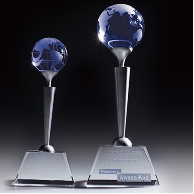 New Style Optical Crystal Blue Globe Award perched on Metal Pole