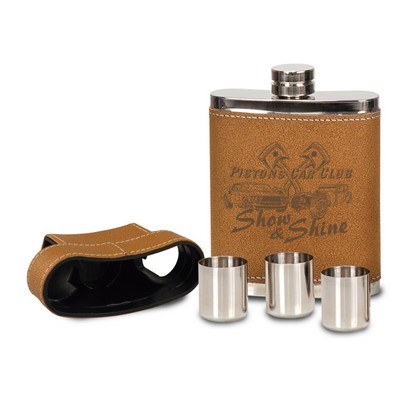 7 Oz. Leather Flask w/Lid & 3 Shot Glasses