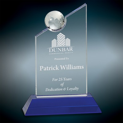 Crystal Award w/Inset Globe & Blue Base
