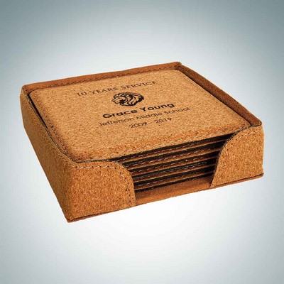 6 Piece Cork Square Coaster Set w/ Holder