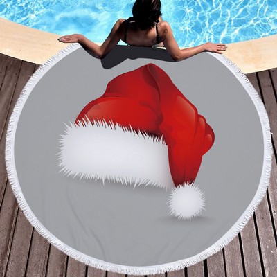 60" Large Microfiber Round Beach & Picnic Towel with Tassels Christmas Edition