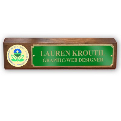 Genuine Walnut Desk Block w/Environmental Protection Agency Medallion & Green Plate