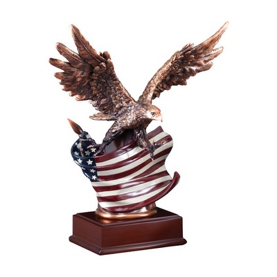 10" Bronze Electroplated Attacking Eagle Trophy w/Painted American Flag on Walnut Brown Base