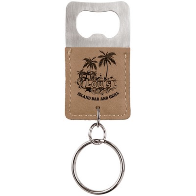Rectangle Light Brown Leatherette Bottle Opener Keychain