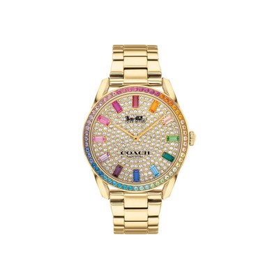 Coach® Ladies Preston Gold Plated Steel Watch w/Rainbow Crystals