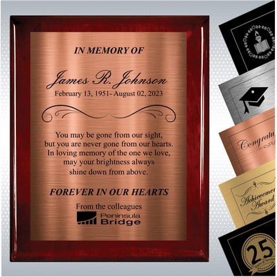 Rosewood Piano Finish Wood Personalized Memorial Plaque Gift Award (10.5" X 13")
