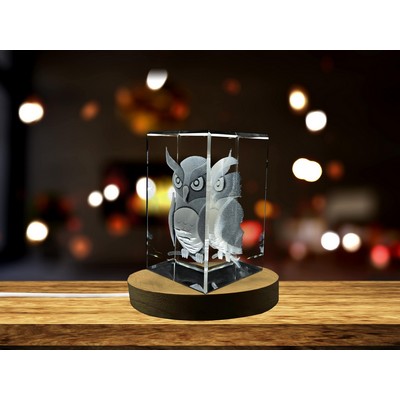 Owl 3D Engraved Crystal Trophy Award w/Illuminated LED Base