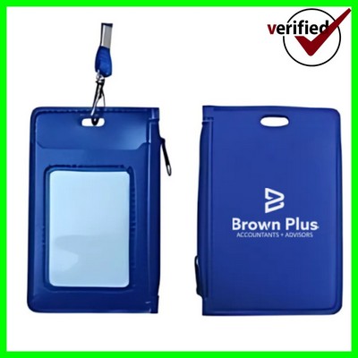 Lanyard PU Leather Card Holder With Zippered Pocket