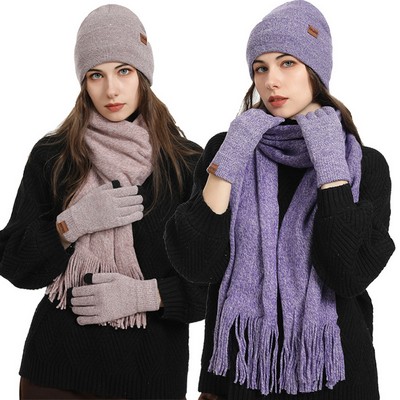 Winter Warm Knit Beanie Hat Touchscreen Gloves Long Neck Scarf Set