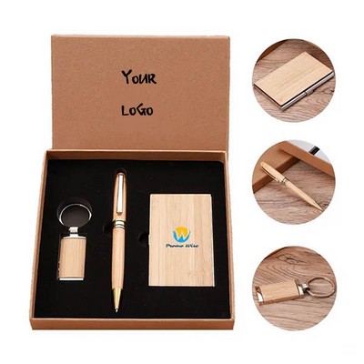 Eco Bamboo Business Card Holder Pen Keychain Gift Set