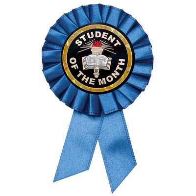 Blue Rosette Award Ribbon with 2" Student of the Month Mylar Insert (3 1/2" x 6")