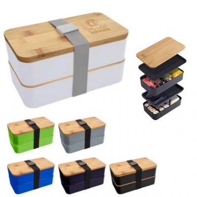 Stackable Bamboo Lid Wheat Straw Double-Layer Lunch Box Set With Utensils