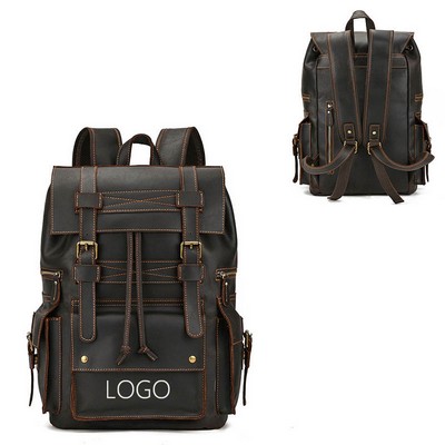 17" Vintage Crazy Horse Leather Large Capacity Shoulder Backpack Head Cowhide Outdoor Travel Bag