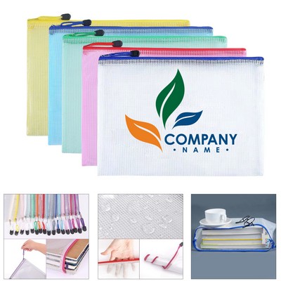 PVC A4 Transparent Zipper Mesh File Bag Waterproof Document Organizer