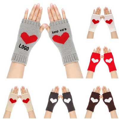 Acrylic Knitted Fingerless Gloves with Heart Pattern Y2K Style Arm Warmers