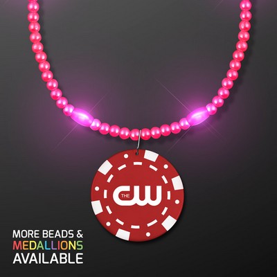 Pink LED Bead Necklace with Red Poker Chip Medallion - PRINTED