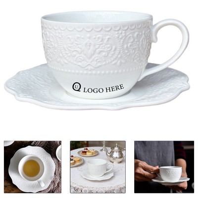 3 Oz Ceramic Coffee Cup Sets W/ Embossed Floral Patterns