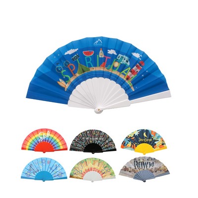 Full Color Folding Fabric Fan w/ Plastic Handle
