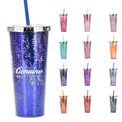 24oz Double Wall Plastic Glitter Tumbler with Straw