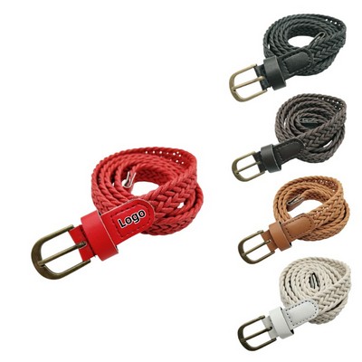 Vintage Waxed Rope Woven Women's Belt Bronze Alloy Pin Buckle