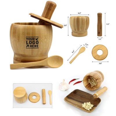 100% Natural Bamboo Wood Garlic Spice Grinder Press Crusher Masher Mortar Pestle Set with Lid Spoon