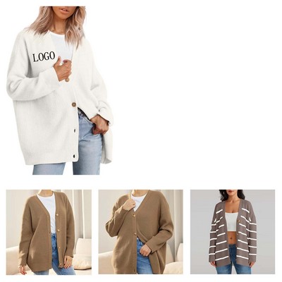 Womens Button V Neck Knit Sweater (S-3XL)