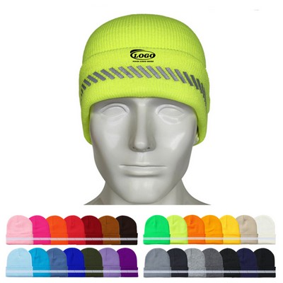 One-Size Acrylic Knit Beanie with Reflective Strip