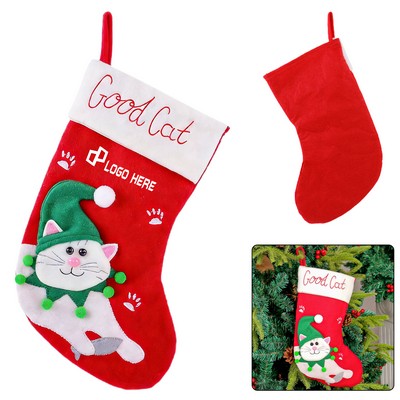 Christmas Stocking With Green Cat Design