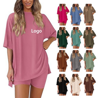 Women Oversized T Shirts 2 Piece Lounge Crewneck Tunic Tops Matching Sets