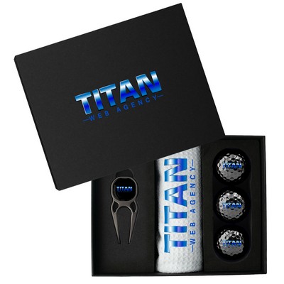 Premium Golf Gift Set Presentation Box — Divot Tool, Towel & 3 Balls