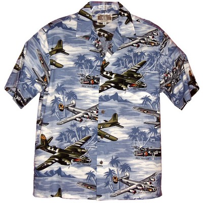Blue Hawaiian Tropical Military Print Shirt Airplanes Circa WWII