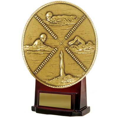 Stock 7" Medallion Trophy with 5 1/2" Swimming Insert with Engraving Plate