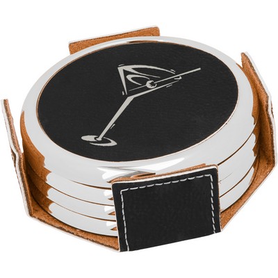 Leatherette Round Coaster Set – Black/Silver