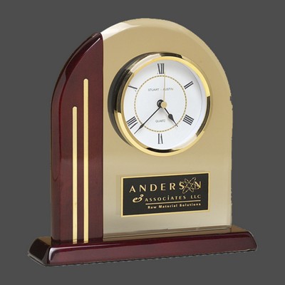 Arched Upright Glass Clock w/Rosewood Piano-Finish Wood Accents