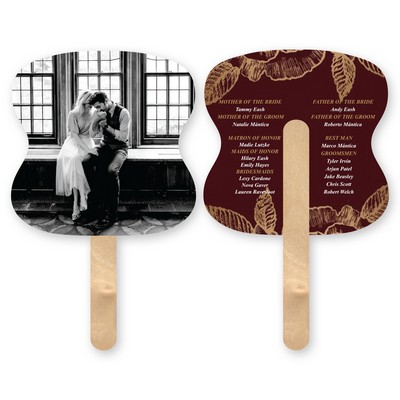 Mini Hourglass Shape Full Color Two Sided Single Hand Fan w/ Wood Stick Handle