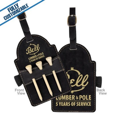 Black & Gold Leatherette - 5X3.25" Golf Bag Tag With 3 Wooden Tees