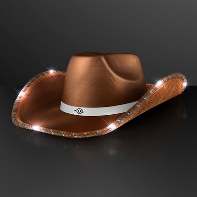 Brown Shimmer Light Up Shiny Cowboy Hat with White Band - PRINTED