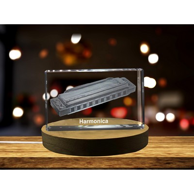 Harmonica 3D Engraved Crystal Trophy Award w/LED Base – Music Keepsake