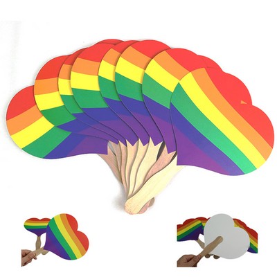 LGBT Pride Rainbow Heart Shape Paper Board Handheld Fan w/Wooden Handle