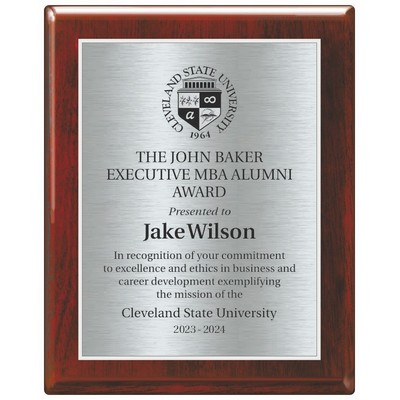 ROSEWOOD PIANO FINISH WOOD PLAQUE WITH SILVER PLATE 7 x 9