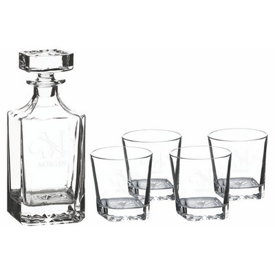 Square Glass Decanter Set with (4) Double Old Fashion 11 oz. Glasses in a Black Gift Box