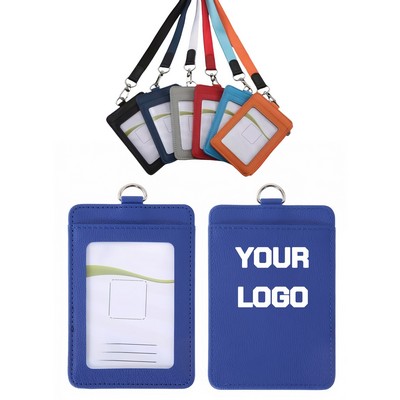 Durable Pu Leather Badge Id Card Holder With Lanyard
