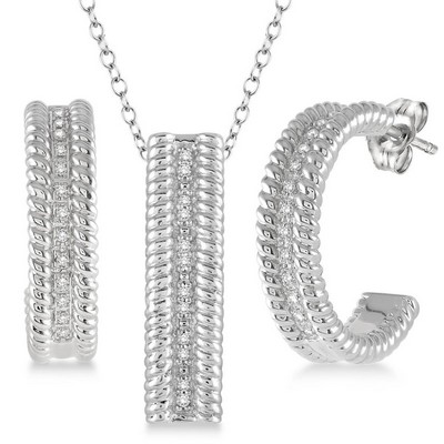Jilco Inc Diamond Hoop Earrings & Diamond Pendant Necklace Set