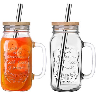24oz Embossed Mason Jar W/ Namboo lid & Straw