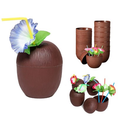 Hawaiian Themed Coconut Cups With Flower Straws & Twist Lids
